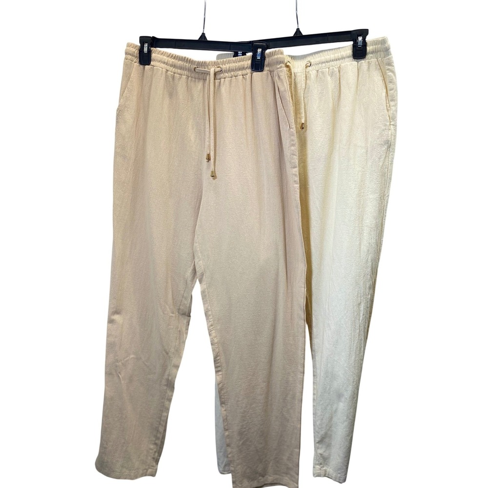 Cotton Linen Blend Tapered Pants Women XL Beige Cream 2-Pack Drawstring Waist